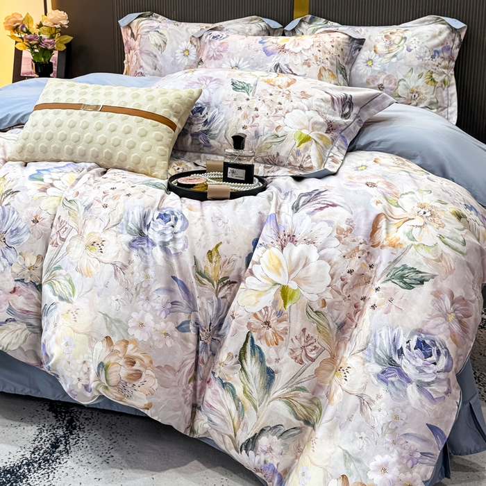 91家纺网 家纺一手货源 找家纺 红日子纺织品 2025新款60s长绒棉纯棉贡缎印花四件套 花织-紫