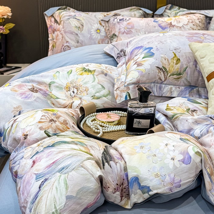 91家纺网 家纺一手货源 找家纺 红日子纺织品 2025新款60s长绒棉纯棉贡缎印花四件套 花织-紫