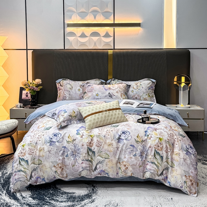 91家纺网 家纺一手货源 找家纺 红日子纺织品 2025新款60s长绒棉纯棉贡缎印花四件套 花织-紫