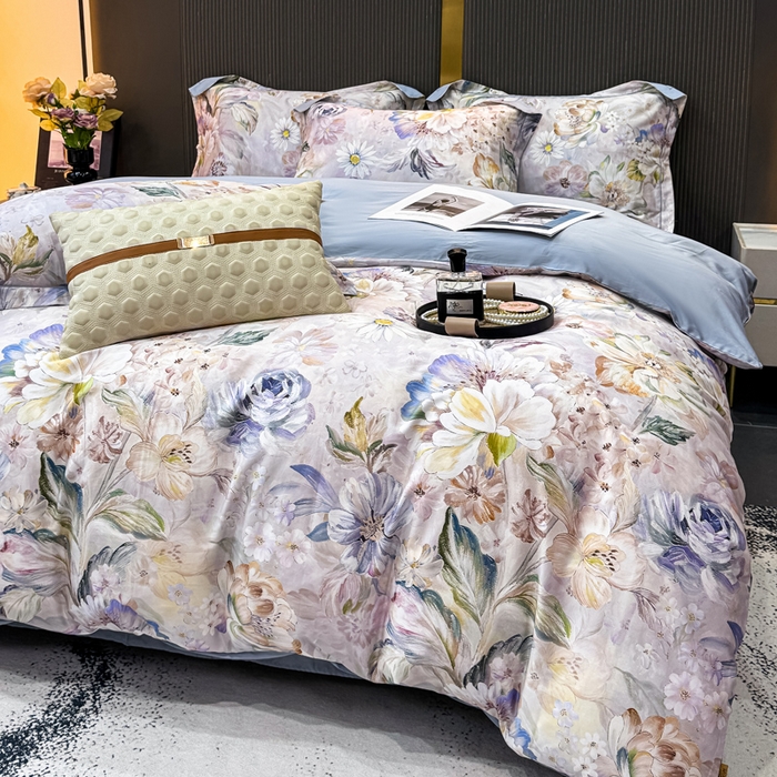 91家纺网 家纺一手货源 找家纺 红日子纺织品 2025新款60s长绒棉纯棉贡缎印花四件套 花织-紫