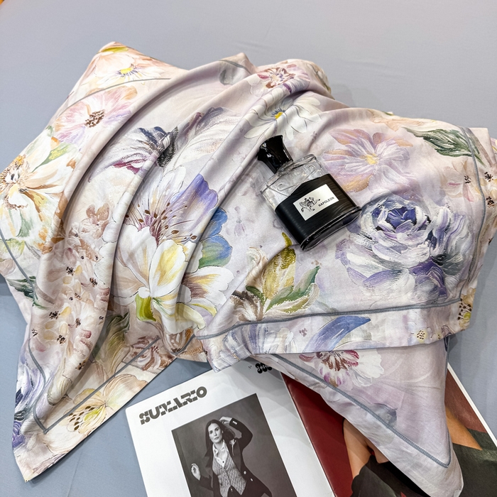 91家纺网 家纺一手货源 找家纺 红日子纺织品 2025新款60s长绒棉纯棉贡缎印花四件套 花织-紫