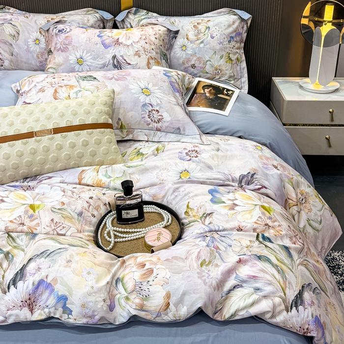 91家纺网 家纺一手货源 找家纺 红日子纺织品 2025新款60s长绒棉纯棉贡缎印花四件套 花织-紫