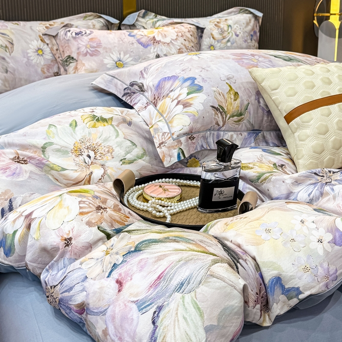 91家纺网 家纺一手货源 找家纺 红日子纺织品 2025新款60s长绒棉纯棉贡缎印花四件套 花织-紫