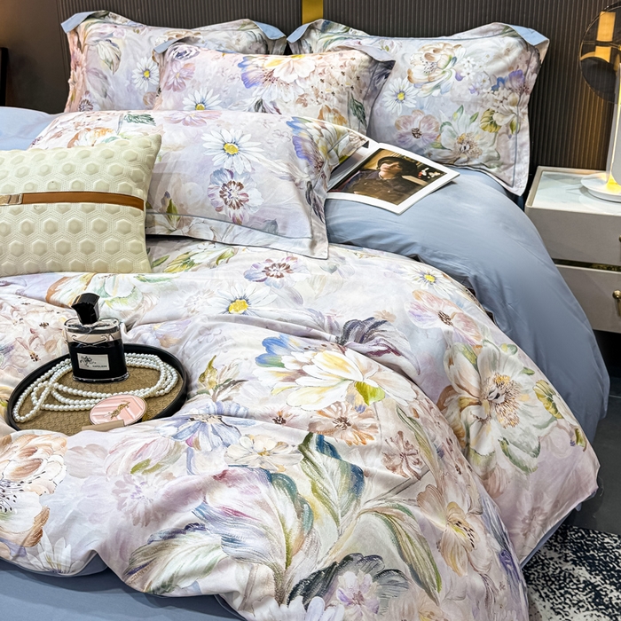 91家纺网 家纺一手货源 找家纺 红日子纺织品 2025新款60s长绒棉纯棉贡缎印花四件套 花织-紫