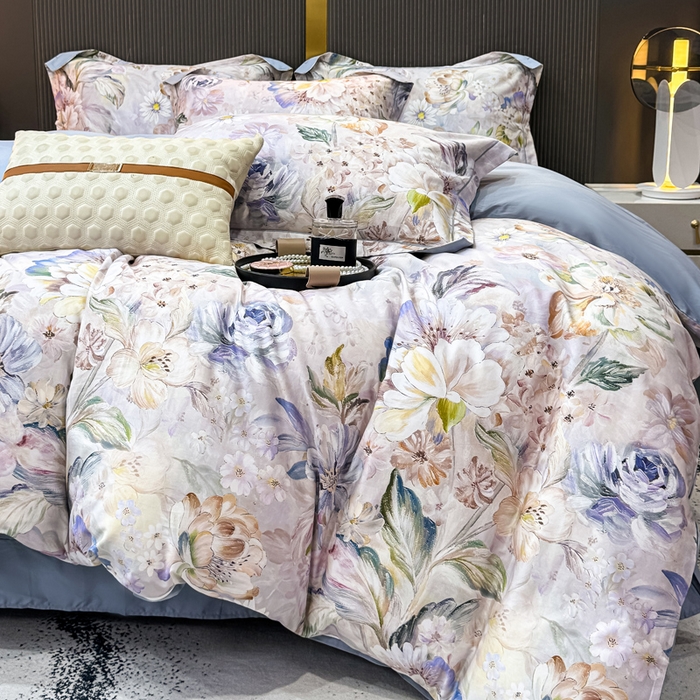 91家纺网 家纺一手货源 找家纺 红日子纺织品 2025新款60s长绒棉纯棉贡缎印花四件套 花织-紫