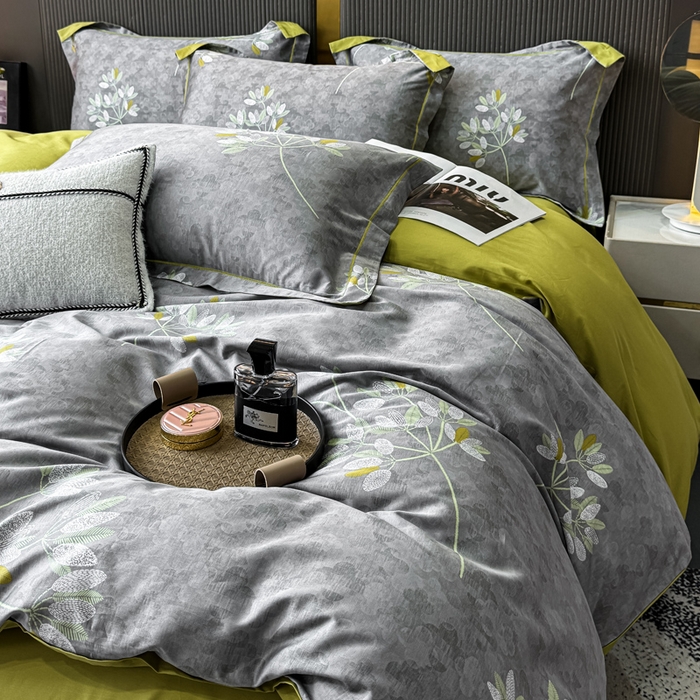 91家纺网 家纺一手货源 找家纺 红日子纺织品 2025新款60s长绒棉纯棉贡缎印花四件套 墨香