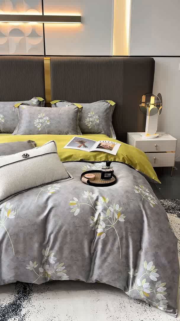 91家纺网 家纺一手货源 找家纺 红日子纺织品 2025新款60s长绒棉纯棉贡缎印花四件套 墨香