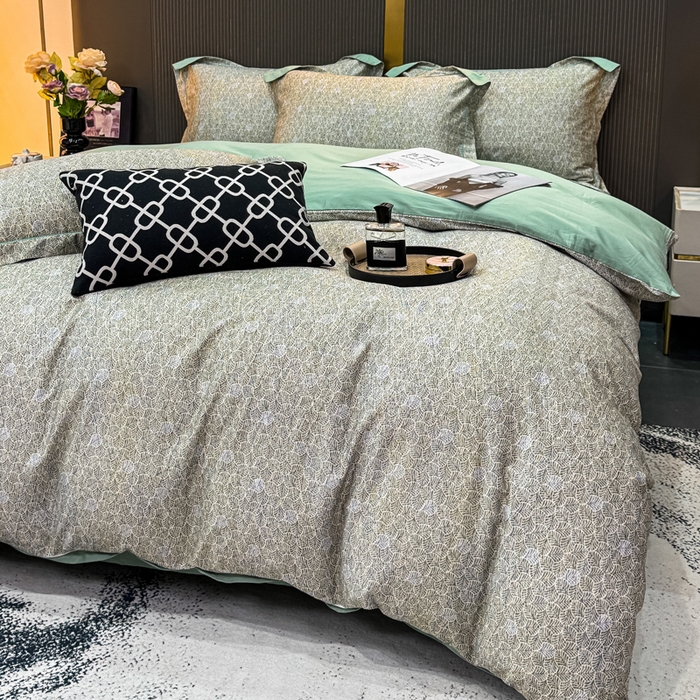 91家纺网 家纺一手货源 找家纺 红日子纺织品 2025新款60s长绒棉纯棉贡缎印花四件套 沐雁-绿