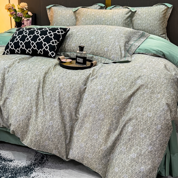 91家纺网 家纺一手货源 找家纺 红日子纺织品 2025新款60s长绒棉纯棉贡缎印花四件套 沐雁-绿