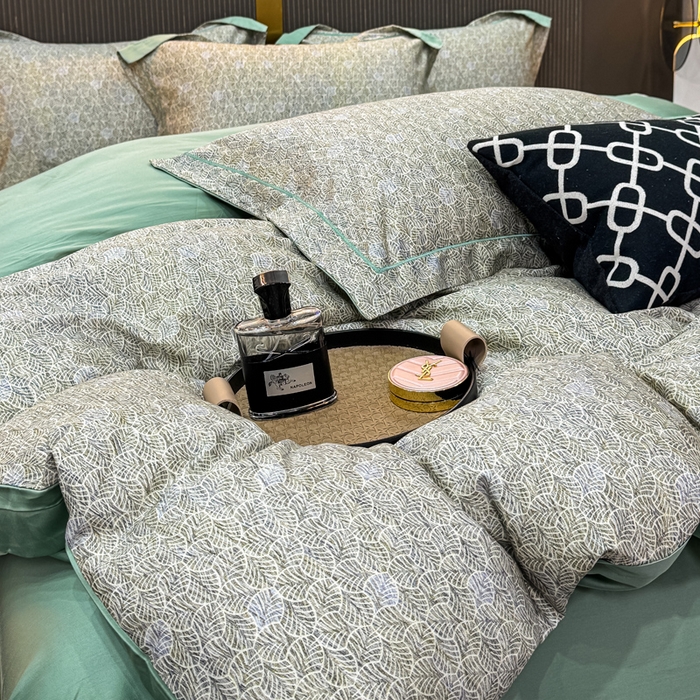 91家纺网 家纺一手货源 找家纺 红日子纺织品 2025新款60s长绒棉纯棉贡缎印花四件套 沐雁-绿