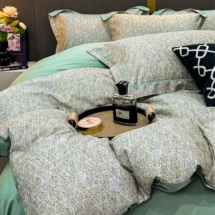 91家纺网 家纺一手货源 找家纺 红日子纺织品 2025新款60s长绒棉纯棉贡缎印花四件套 沐雁-绿