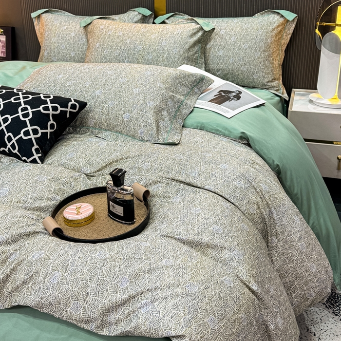 91家纺网 家纺一手货源 找家纺 红日子纺织品 2025新款60s长绒棉纯棉贡缎印花四件套 沐雁-绿