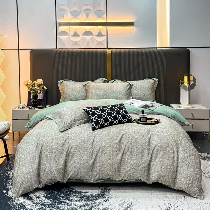 91家纺网 家纺一手货源 找家纺 红日子纺织品 2025新款60s长绒棉纯棉贡缎印花四件套 沐雁-绿