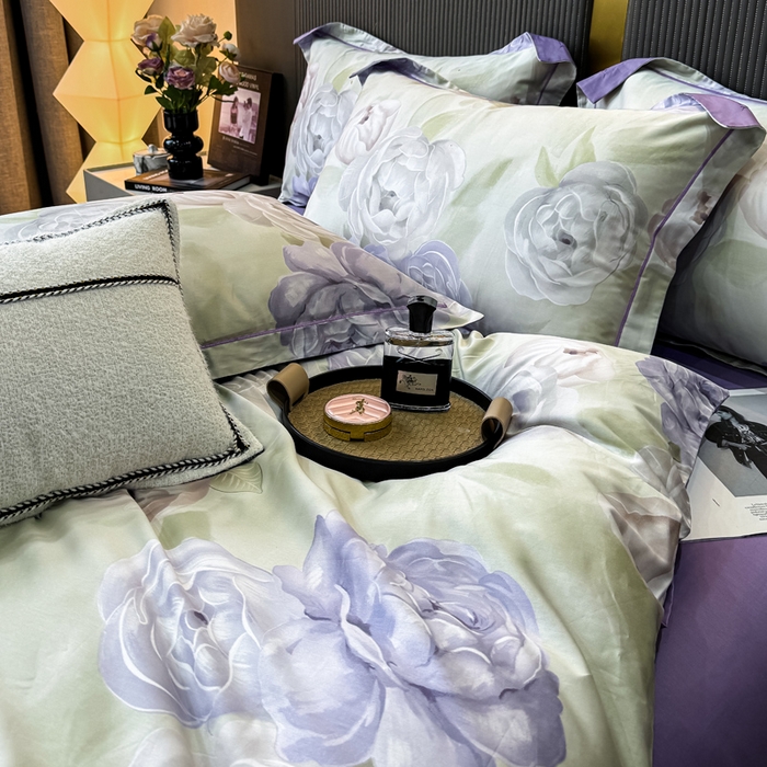 91家纺网 家纺一手货源 找家纺 红日子纺织品 2025新款60s长绒棉纯棉贡缎印花四件套 生如夏花