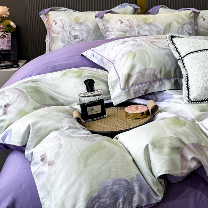 91家纺网 家纺一手货源 找家纺 红日子纺织品 2025新款60s长绒棉纯棉贡缎印花四件套 生如夏花