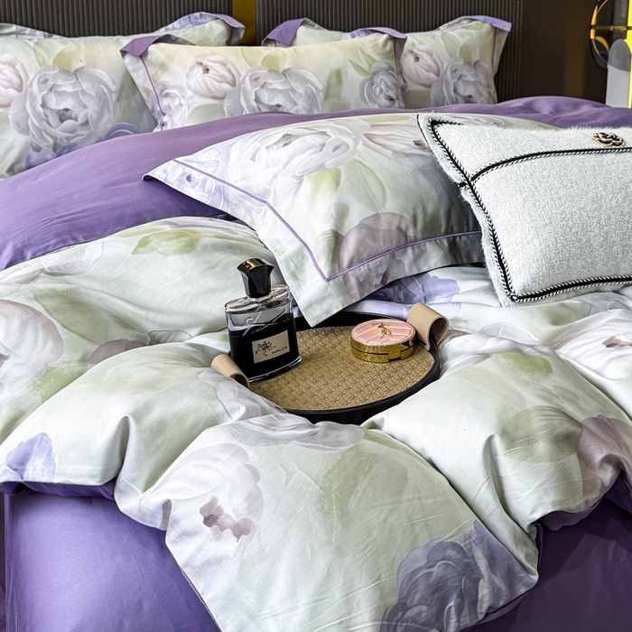 91家纺网 家纺一手货源 找家纺 红日子纺织品 2025新款60s长绒棉纯棉贡缎印花四件套 生如夏花