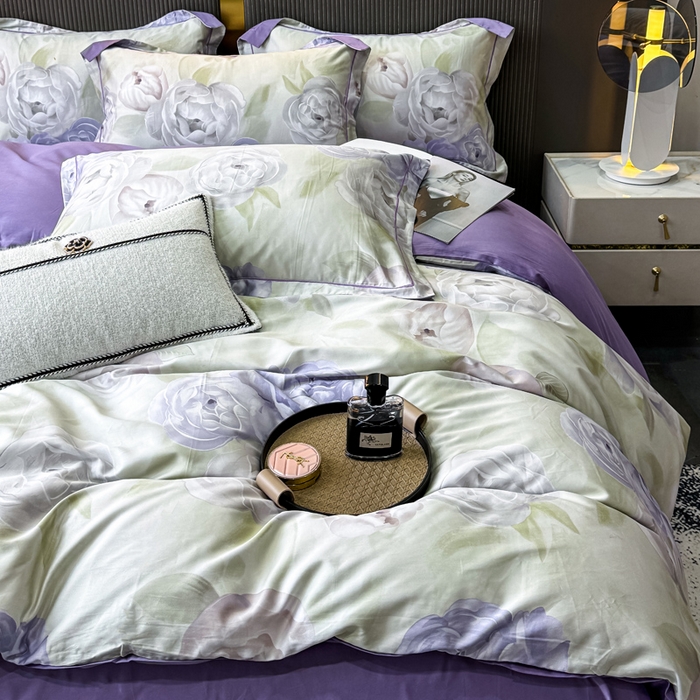 91家纺网 家纺一手货源 找家纺 红日子纺织品 2025新款60s长绒棉纯棉贡缎印花四件套 生如夏花