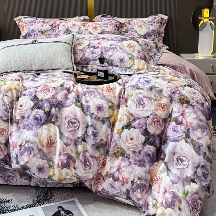 91家纺网 家纺一手货源 找家纺 红日子纺织品 2025新款60s长绒棉纯棉贡缎印花四件套 苏玫-紫