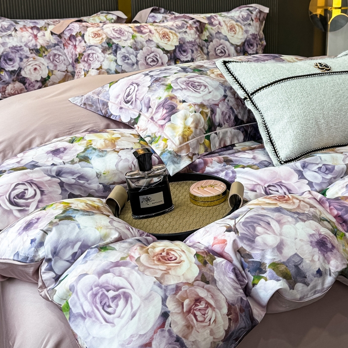 91家纺网 家纺一手货源 找家纺 红日子纺织品 2025新款60s长绒棉纯棉贡缎印花四件套 苏玫-紫