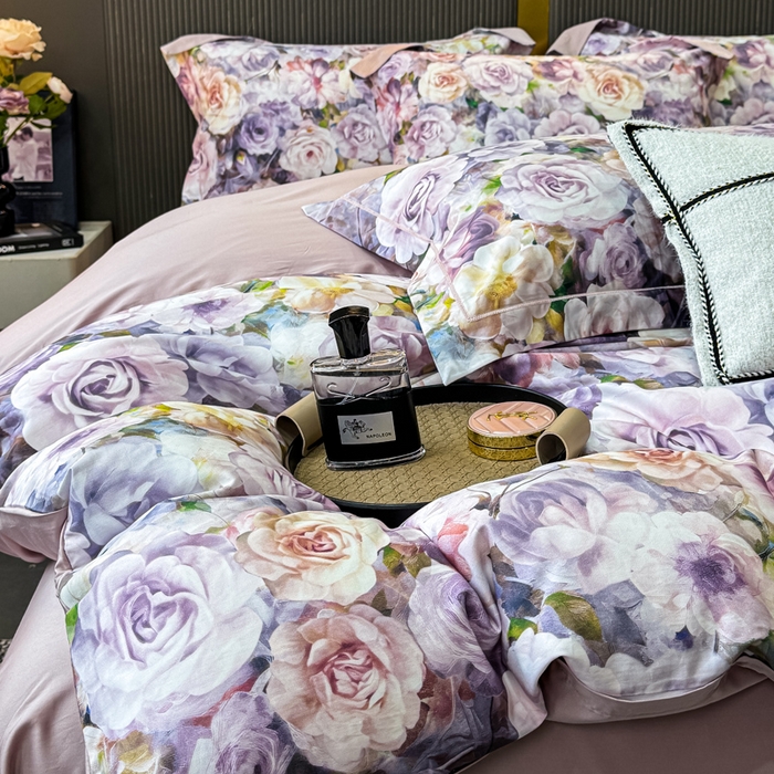 91家纺网 家纺一手货源 找家纺 红日子纺织品 2025新款60s长绒棉纯棉贡缎印花四件套 苏玫-紫