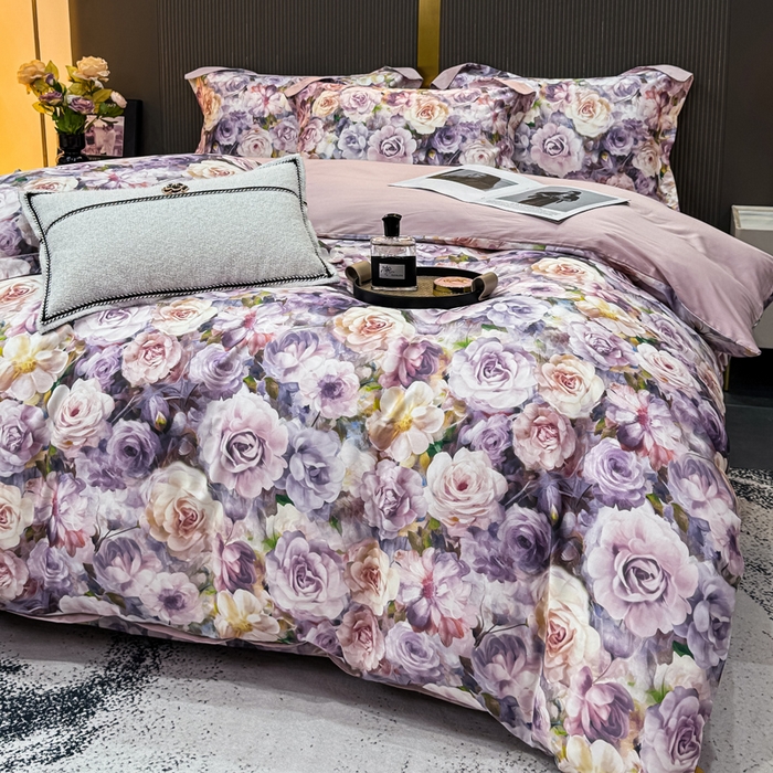 91家纺网 家纺一手货源 找家纺 红日子纺织品 2025新款60s长绒棉纯棉贡缎印花四件套 苏玫-紫