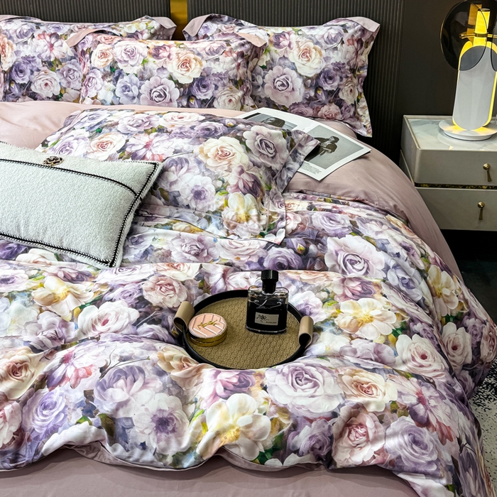 91家纺网 家纺一手货源 找家纺 红日子纺织品 2025新款60s长绒棉纯棉贡缎印花四件套 苏玫-紫