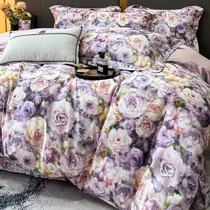 91家纺网 家纺一手货源 找家纺 红日子纺织品 2025新款60s长绒棉纯棉贡缎印花四件套 苏玫-紫