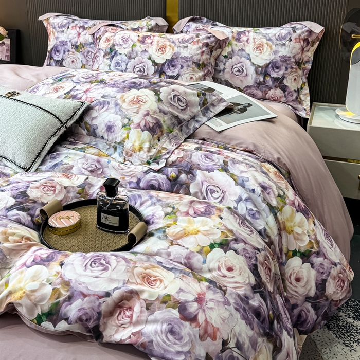 91家纺网 家纺一手货源 找家纺 红日子纺织品 2025新款60s长绒棉纯棉贡缎印花四件套 苏玫-紫