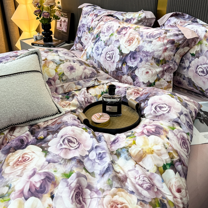 91家纺网 家纺一手货源 找家纺 红日子纺织品 2025新款60s长绒棉纯棉贡缎印花四件套 苏玫-紫