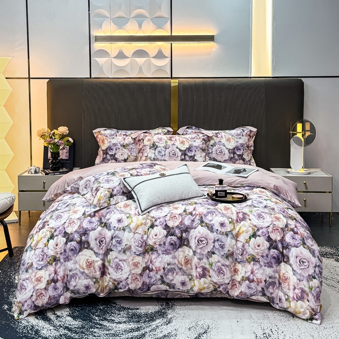 91家纺网 家纺一手货源 找家纺 红日子纺织品 2025新款60s长绒棉纯棉贡缎印花四件套 苏玫-紫