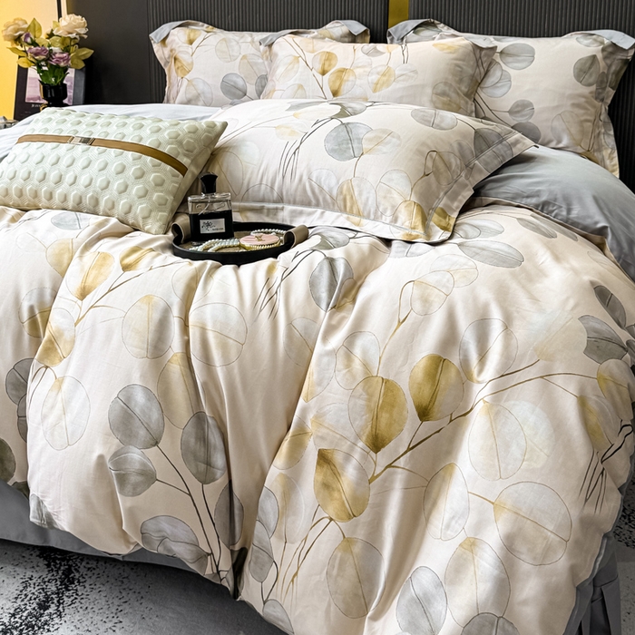 91家纺网 家纺一手货源 找家纺 红日子纺织品 2025新款60s长绒棉纯棉贡缎印花四件套 叶韵