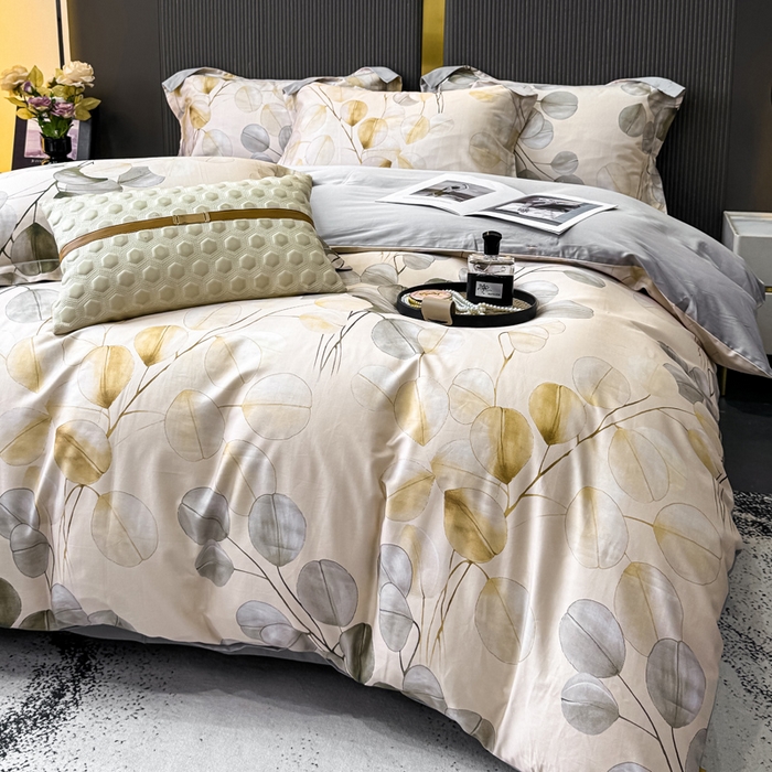 91家纺网 家纺一手货源 找家纺 红日子纺织品 2025新款60s长绒棉纯棉贡缎印花四件套 叶韵