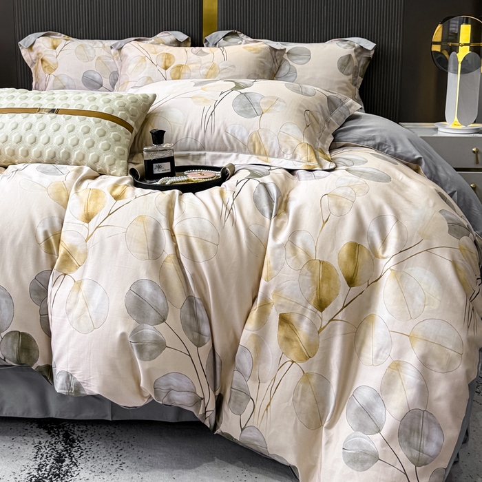 91家纺网 家纺一手货源 找家纺 红日子纺织品 2025新款60s长绒棉纯棉贡缎印花四件套 叶韵