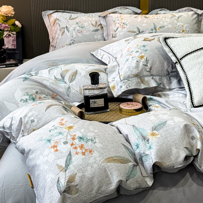 91家纺网 家纺一手货源 找家纺 红日子纺织品 2025新款60s长绒棉纯棉贡缎印花四件套 悠甜-绿