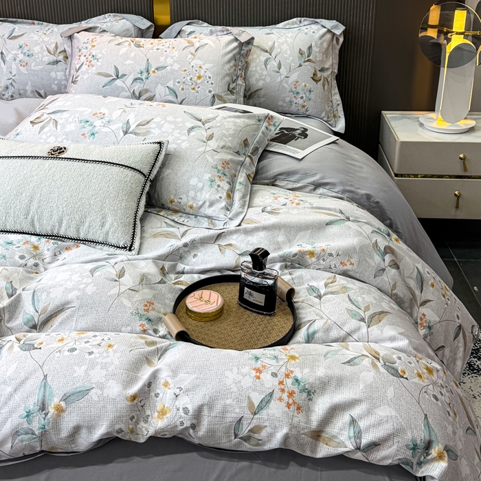 91家纺网 家纺一手货源 找家纺 红日子纺织品 2025新款60s长绒棉纯棉贡缎印花四件套 悠甜-绿