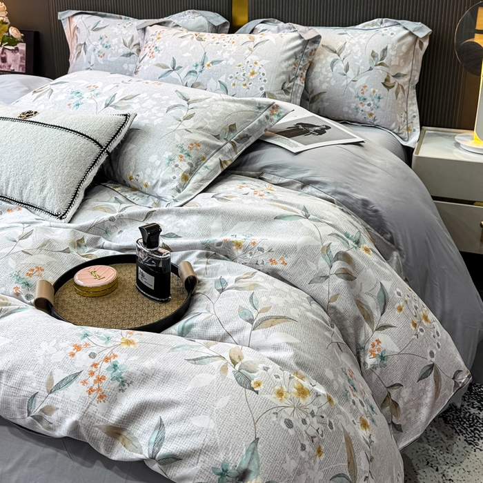 91家纺网 家纺一手货源 找家纺 红日子纺织品 2025新款60s长绒棉纯棉贡缎印花四件套 悠甜-绿