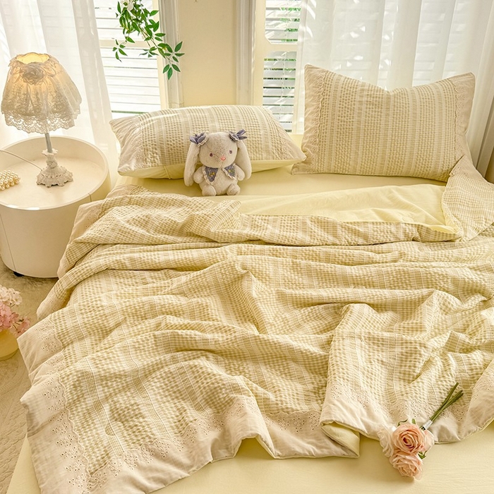 91家纺网 家纺一手货源 找家纺 大麦家纺 2025新款泡泡棉夏被夏凉被空调被夏被四件套-乐芙 乐芙-黄