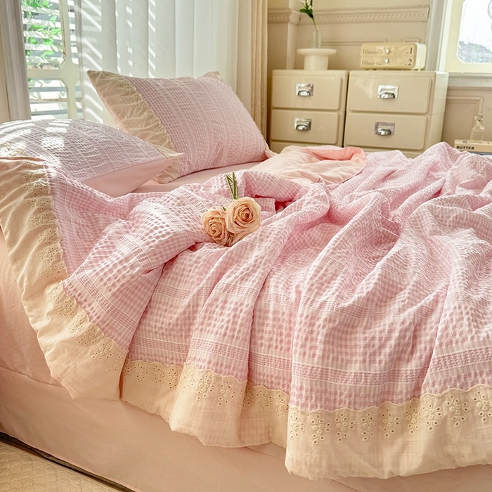 91家纺网 家纺一手货源 找家纺 大麦家纺 2025新款泡泡棉夏被夏凉被空调被夏被四件套-乐芙 乐芙-粉