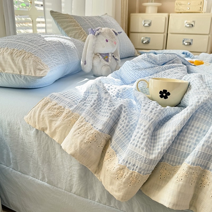 91家纺网 家纺一手货源 找家纺 大麦家纺 2025新款泡泡棉夏被夏凉被空调被夏被四件套-乐芙 乐芙-蓝
