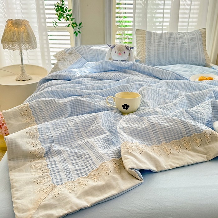 91家纺网 家纺一手货源 找家纺 大麦家纺 2025新款泡泡棉夏被夏凉被空调被夏被四件套-乐芙 乐芙-蓝