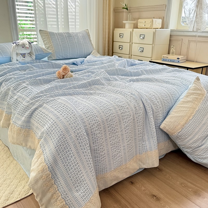 91家纺网 家纺一手货源 找家纺 大麦家纺 2025新款泡泡棉夏被夏凉被空调被夏被四件套-乐芙 乐芙-蓝