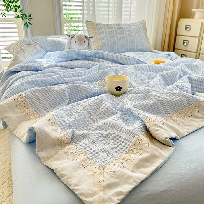 91家纺网 家纺一手货源 找家纺 大麦家纺 2025新款泡泡棉夏被夏凉被空调被夏被四件套-乐芙 乐芙-蓝