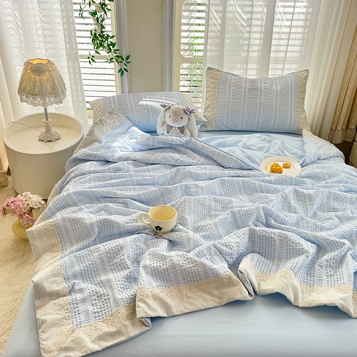 91家纺网 家纺一手货源 找家纺 大麦家纺 2025新款泡泡棉夏被夏凉被空调被夏被四件套-乐芙 乐芙-蓝