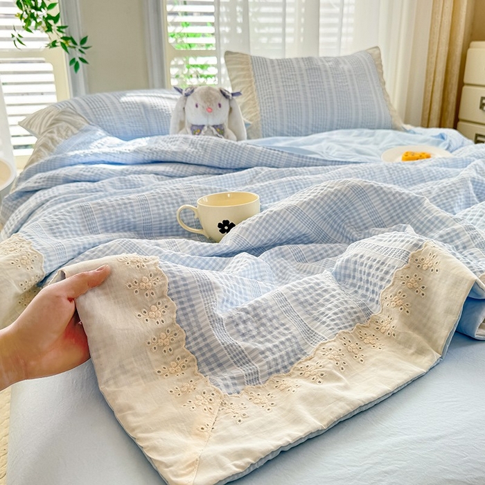 91家纺网 家纺一手货源 找家纺 大麦家纺 2025新款泡泡棉夏被夏凉被空调被夏被四件套-乐芙 乐芙-蓝