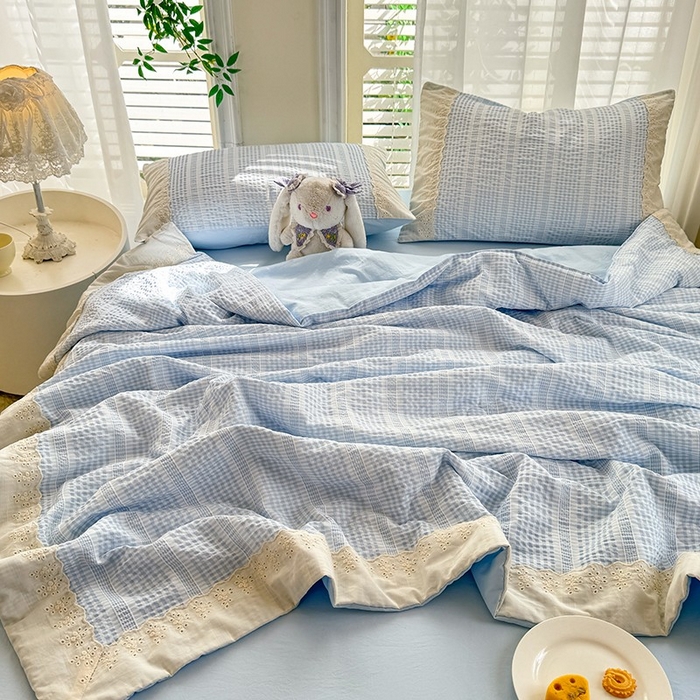 91家纺网 家纺一手货源 找家纺 大麦家纺 2025新款泡泡棉夏被夏凉被空调被夏被四件套-乐芙 乐芙-蓝