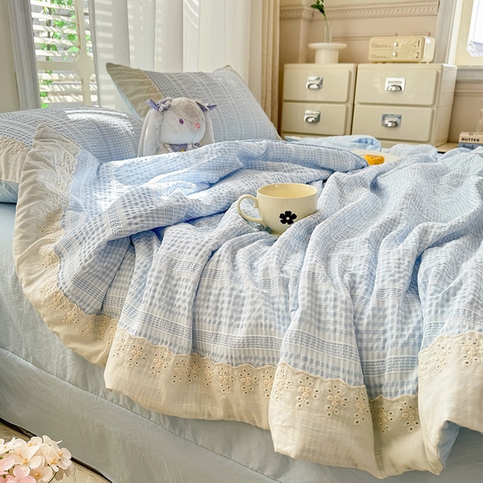 91家纺网 家纺一手货源 找家纺 大麦家纺 2025新款泡泡棉夏被夏凉被空调被夏被四件套-乐芙 乐芙-蓝