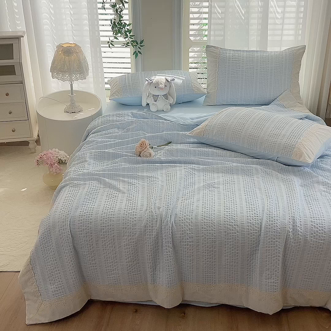 91家纺网 家纺一手货源 找家纺 大麦家纺 2025新款泡泡棉夏被夏凉被空调被夏被四件套-乐芙 乐芙-蓝