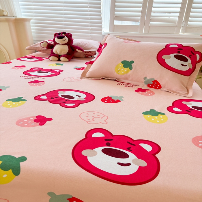 91家纺网 家纺一手货源 找家纺 梵朴 2025新款原棉老粗布床单凉席席子三件套 草莓熊