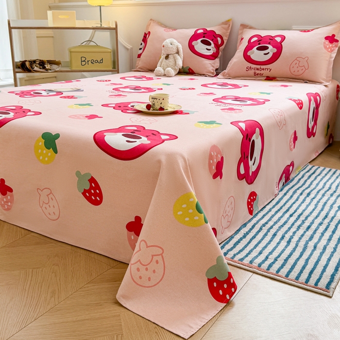 91家纺网 家纺一手货源 找家纺 梵朴 2025新款原棉老粗布床单凉席席子三件套 草莓熊