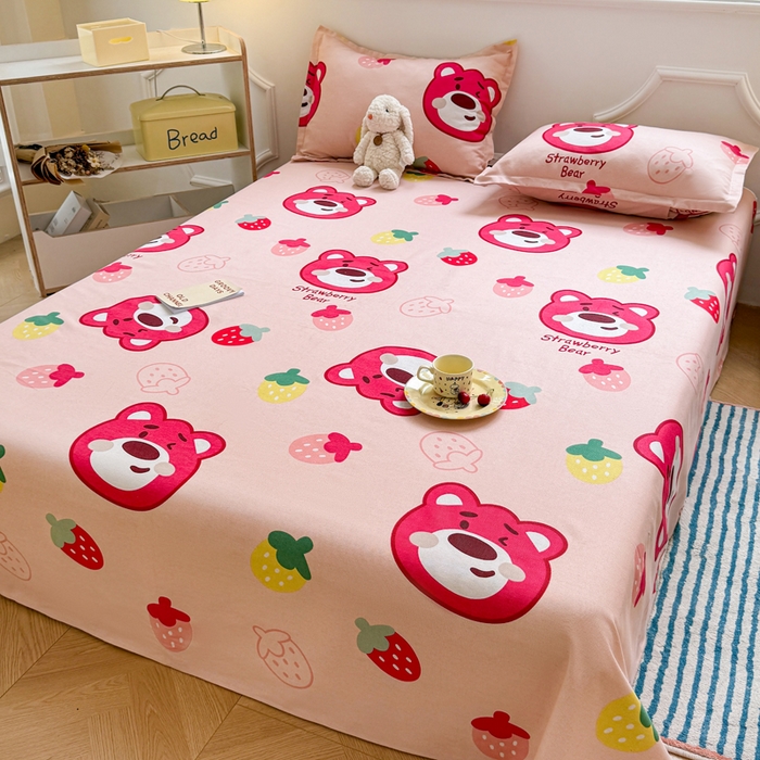 91家纺网 家纺一手货源 找家纺 梵朴 2025新款原棉老粗布床单凉席席子三件套 草莓熊